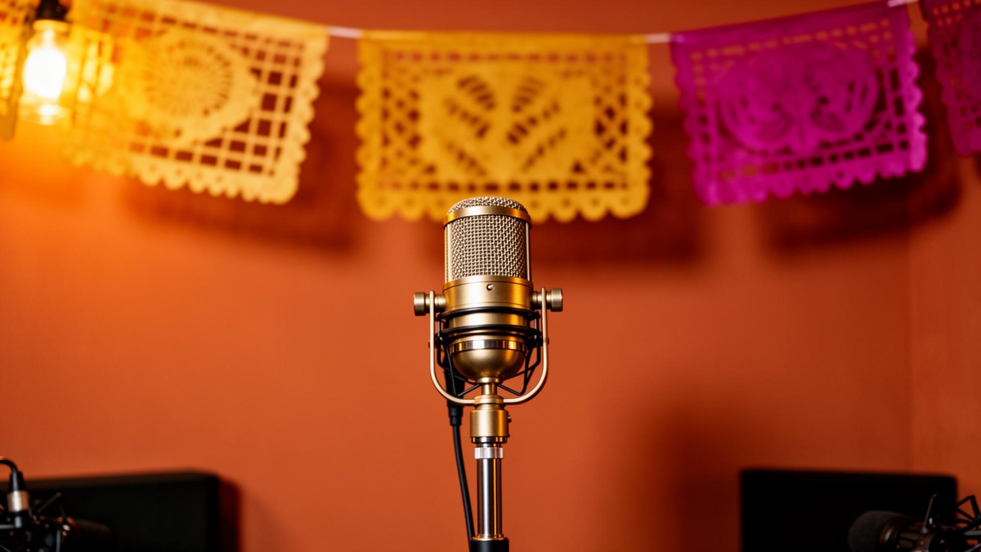 El Estudio recording booth with papel picado banners